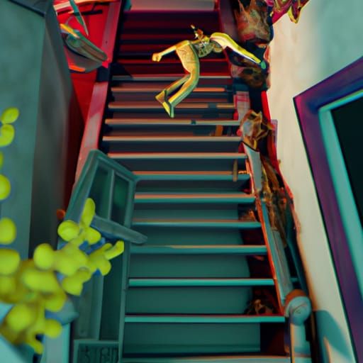 Dead Person Falling Down Stairs in Matte Painting Style