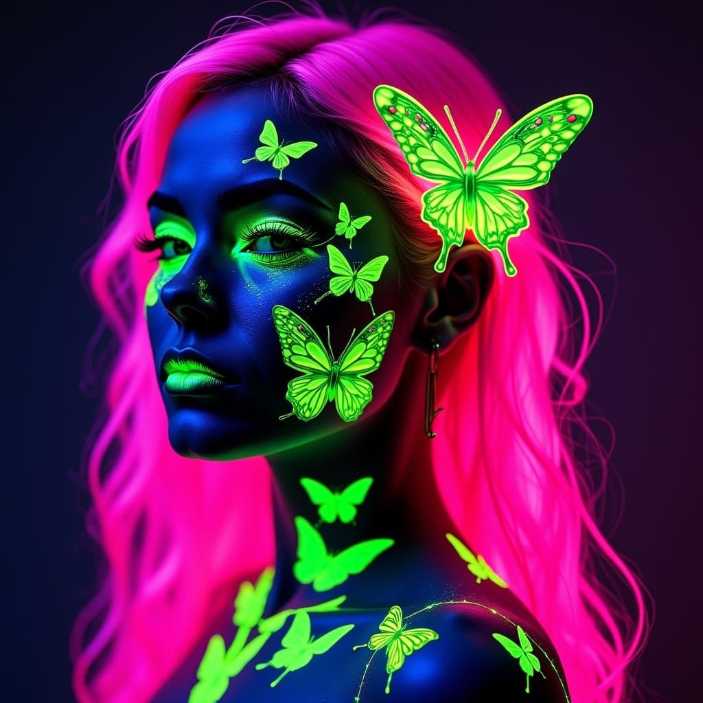 Bioluminescent Butterfly Woman in Neon 80s Style