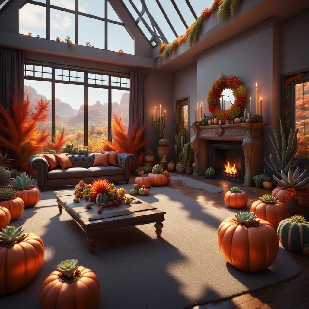 Autumn Oasis: Contemporary Living Room with Cactus Garden