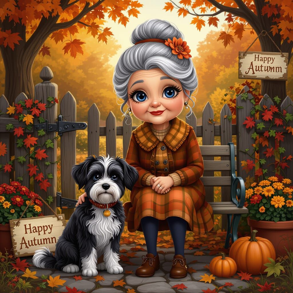 Whimsical Cartoon Grandmother in Autumn Garden