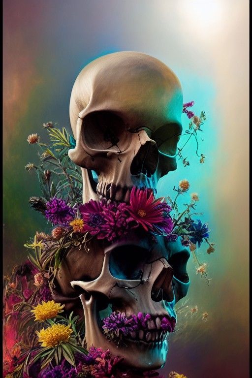 Iridescent Skull and Flowers Digital Art