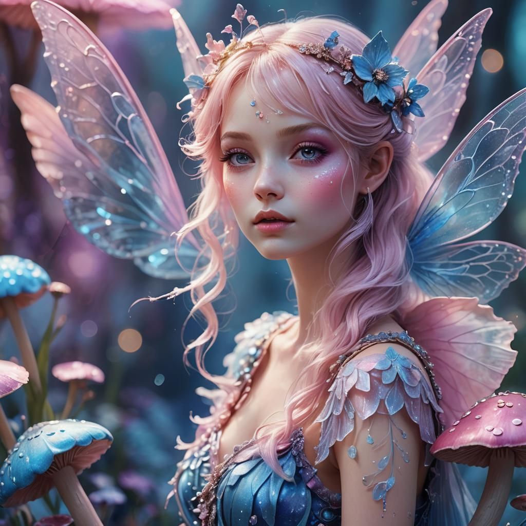 Pink and Blue Fairy on Toadstool: Fantasy Art