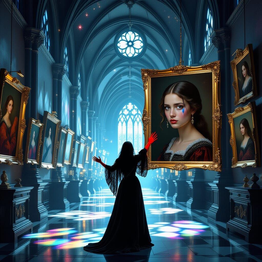 Gothic Art Gallery with Magical Artist and Sad Portrait