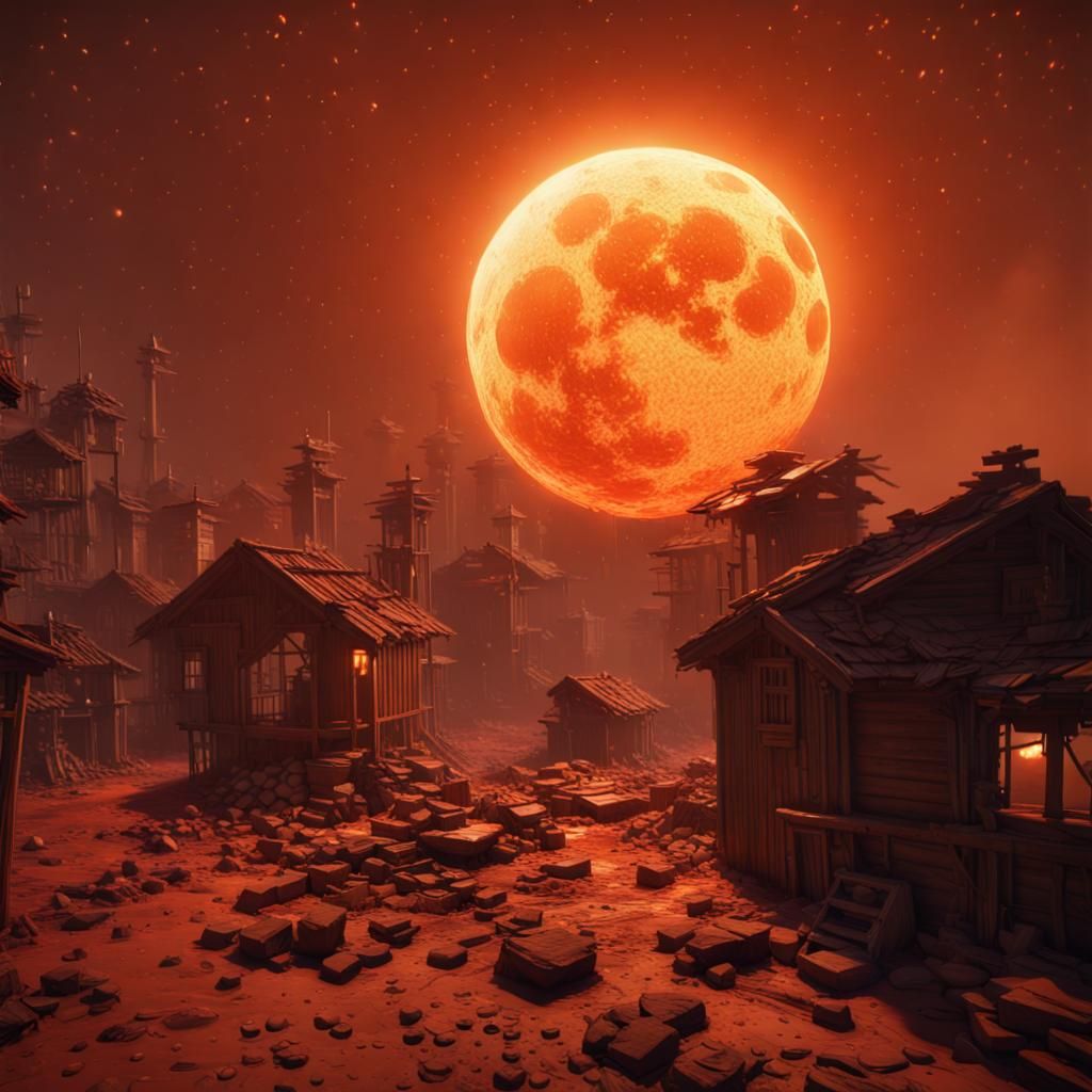 Fiery Moon: Hyperrealistic 3D Render in Van Gogh Style