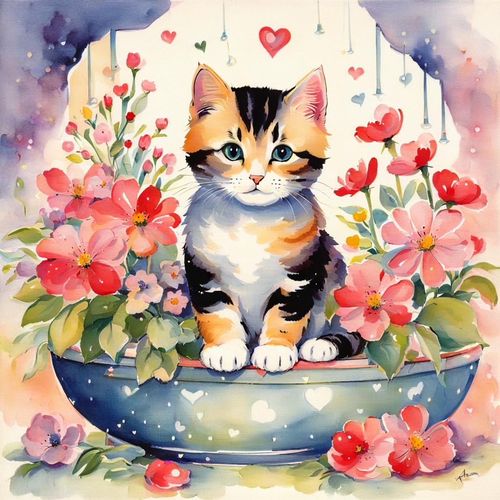 Charming Cat with Flowers Illustration