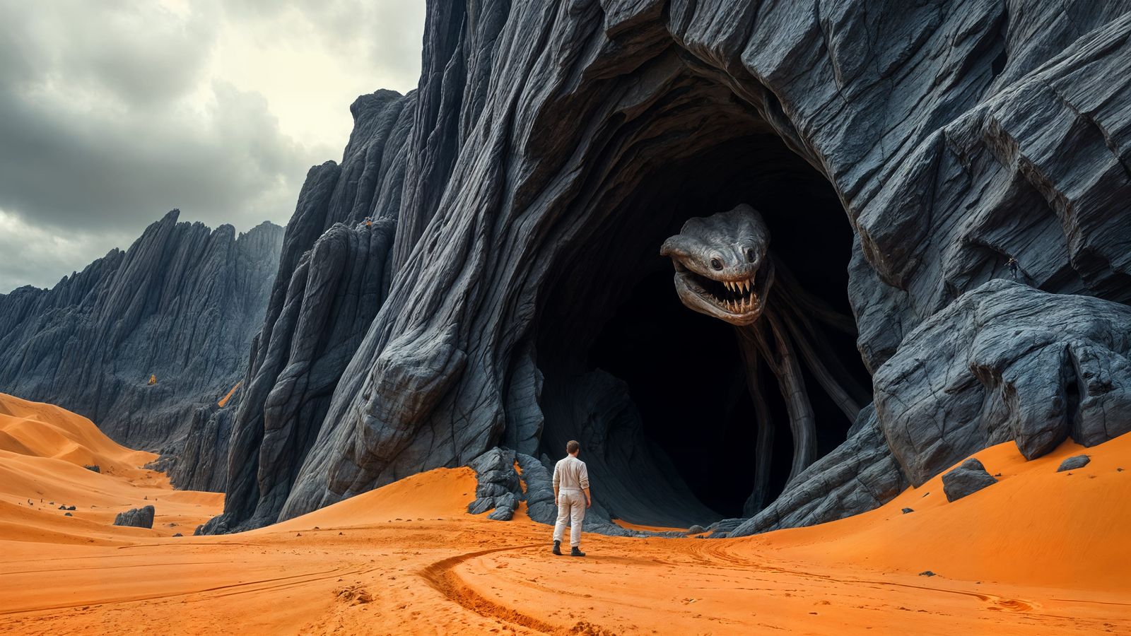 Alien Landscape: Man Confronts Emerging Creature