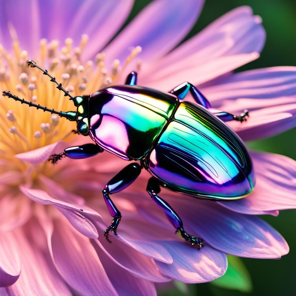 Iridescent Beetle on Flower in 8k