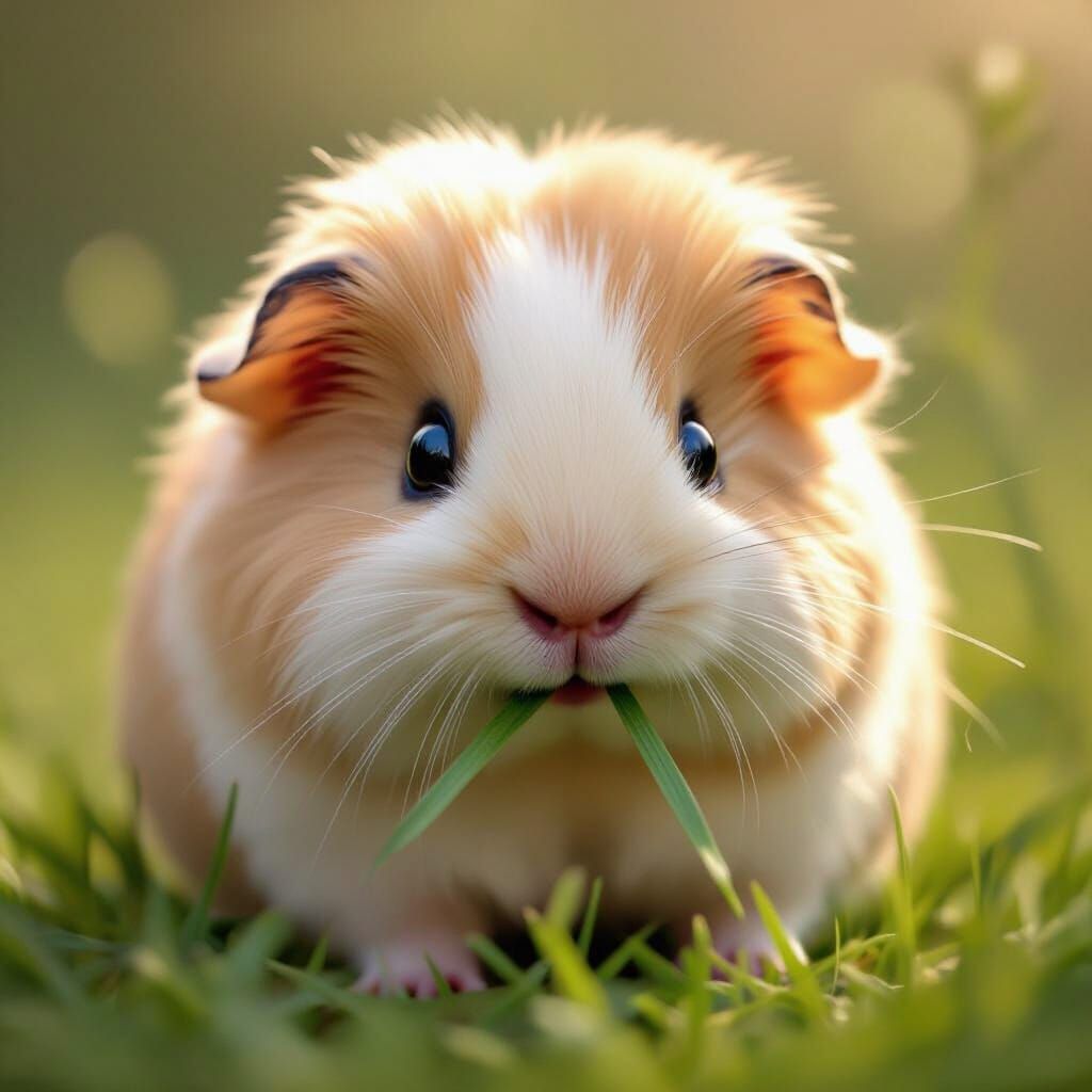 Cutest Fluffy Guinea Pig Nibbling Grass in Storybook Style