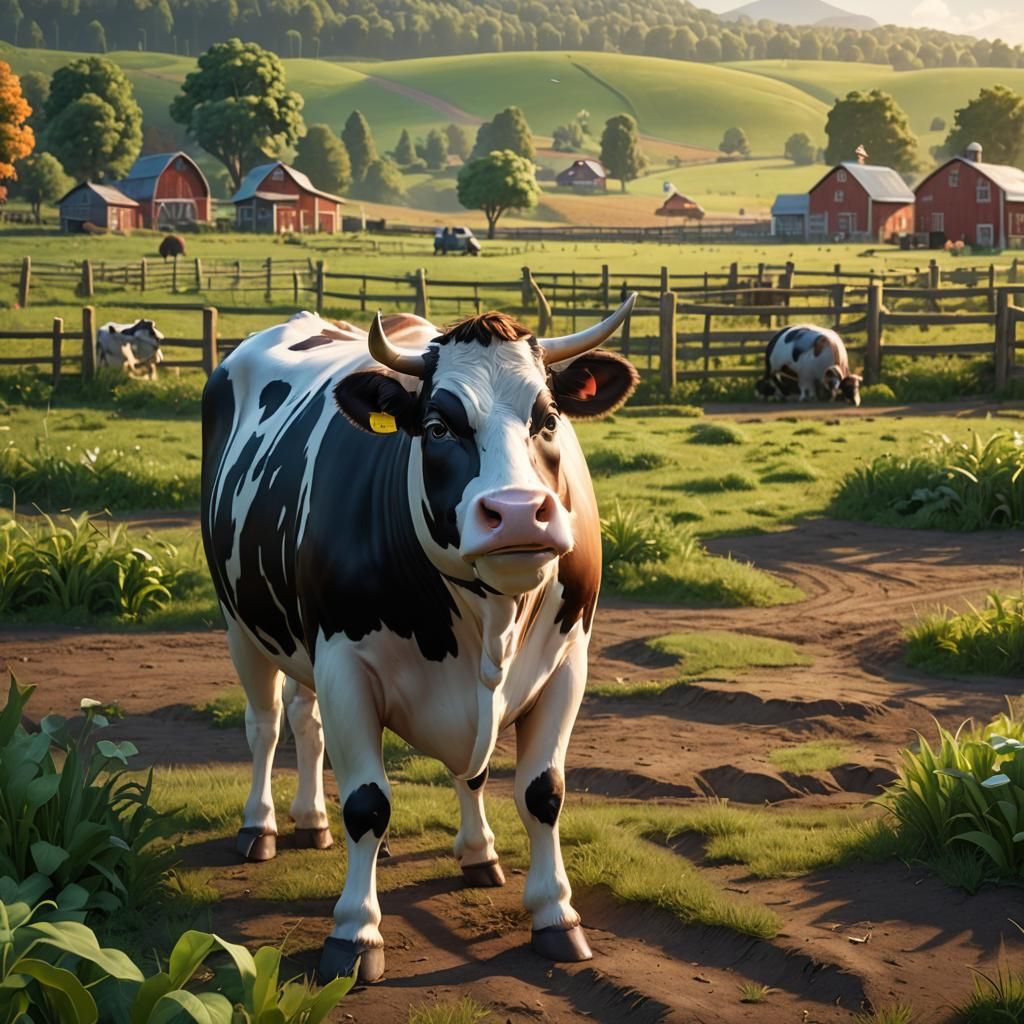 Cow on Farm in Disney Pixar Style