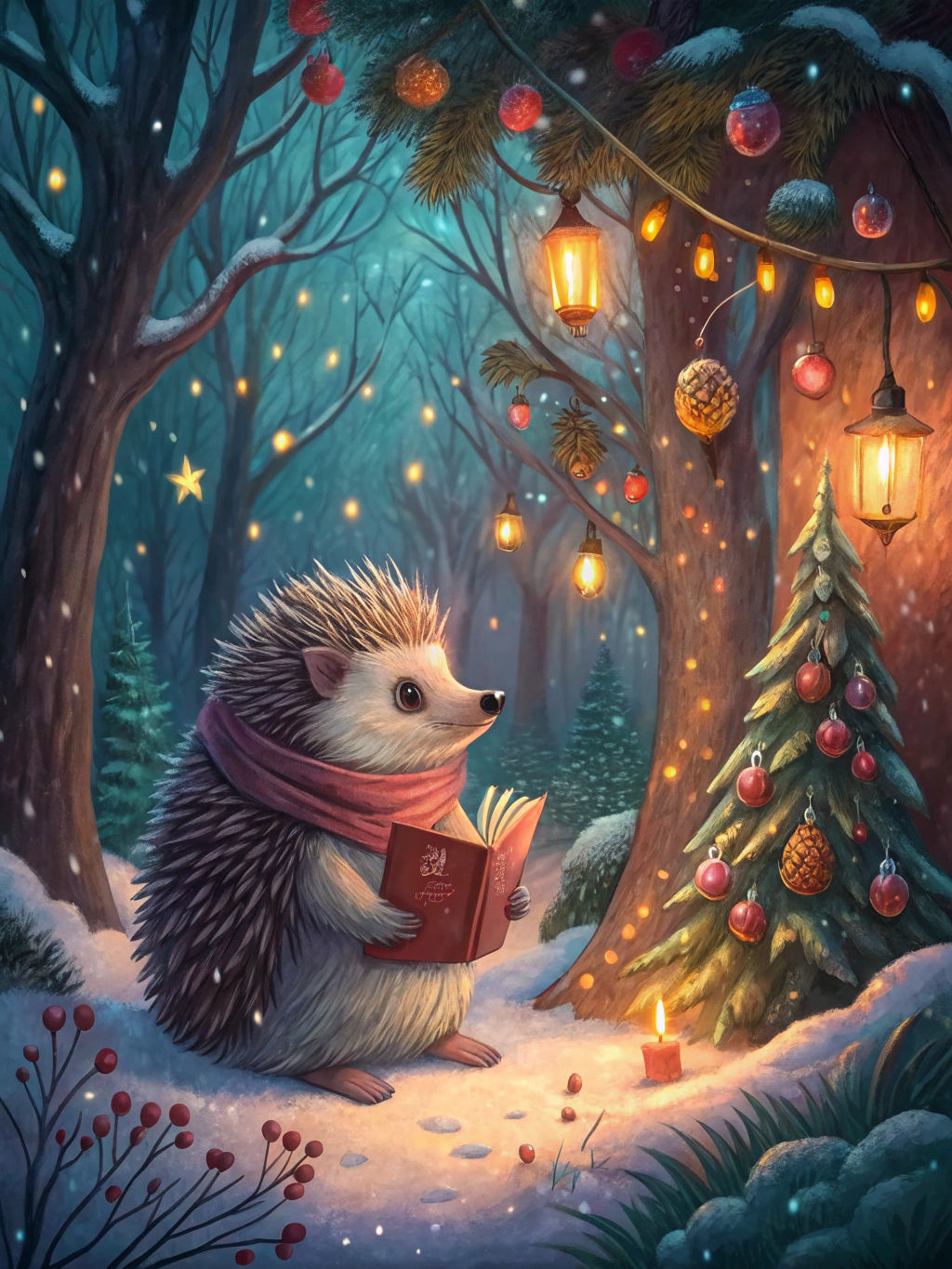 Hedgehog in Christmas Forest: Impressionist Painting