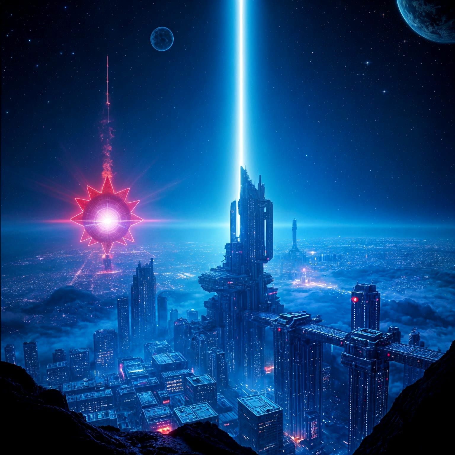 Giant Space Station City Illuminated by Twin Stars