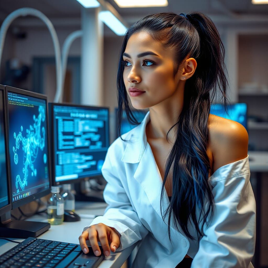 Aymara Woman in Modern Lab, Dramatic Lighting