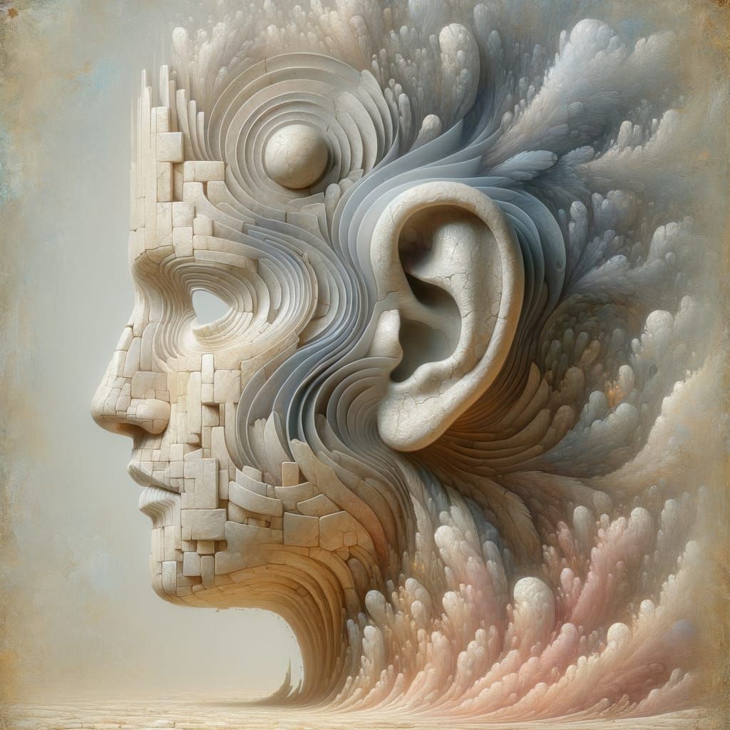 Surreal Stone Head Listening to Music