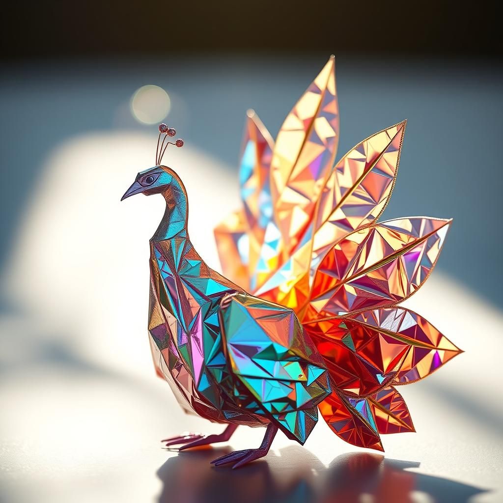 Iridescent Foil Origami Peacock in Pearlescent Hues