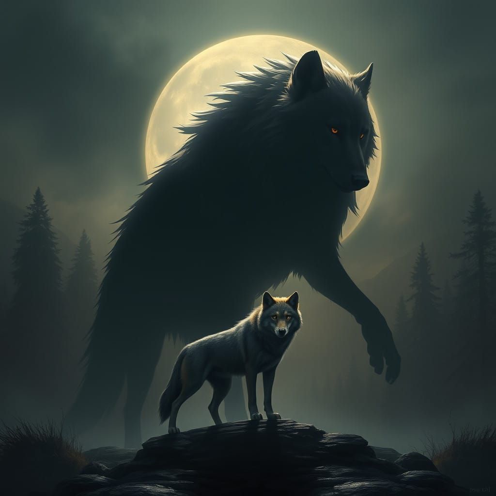 Majestic Little Wolf in Dramatic High-Fantasy Landscape