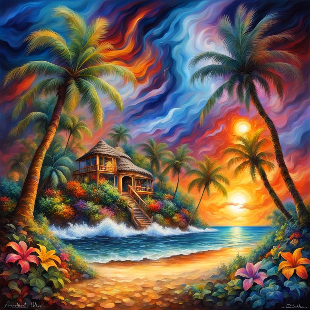 Cosmic Tropical Beach Art in Digital Style