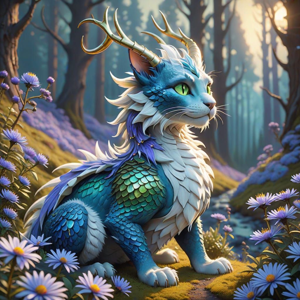 Serene Dragon-Cat in Winter Wonderland, Cyberpunk Art Style