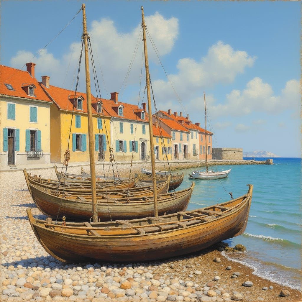 Rowboats on Pebble Beach in Impressionist Style