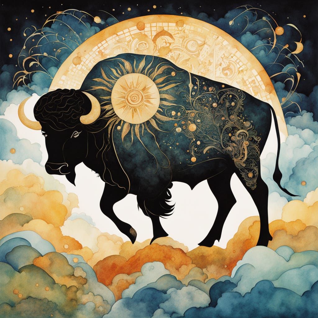 Glowing Woman Rides Buffalo: Watercolor Painting