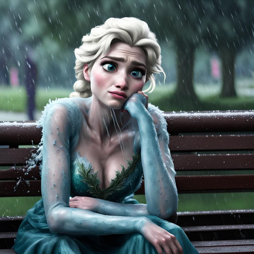 Hyperrealistic Elsa as Alcoholic on Rainy Bench