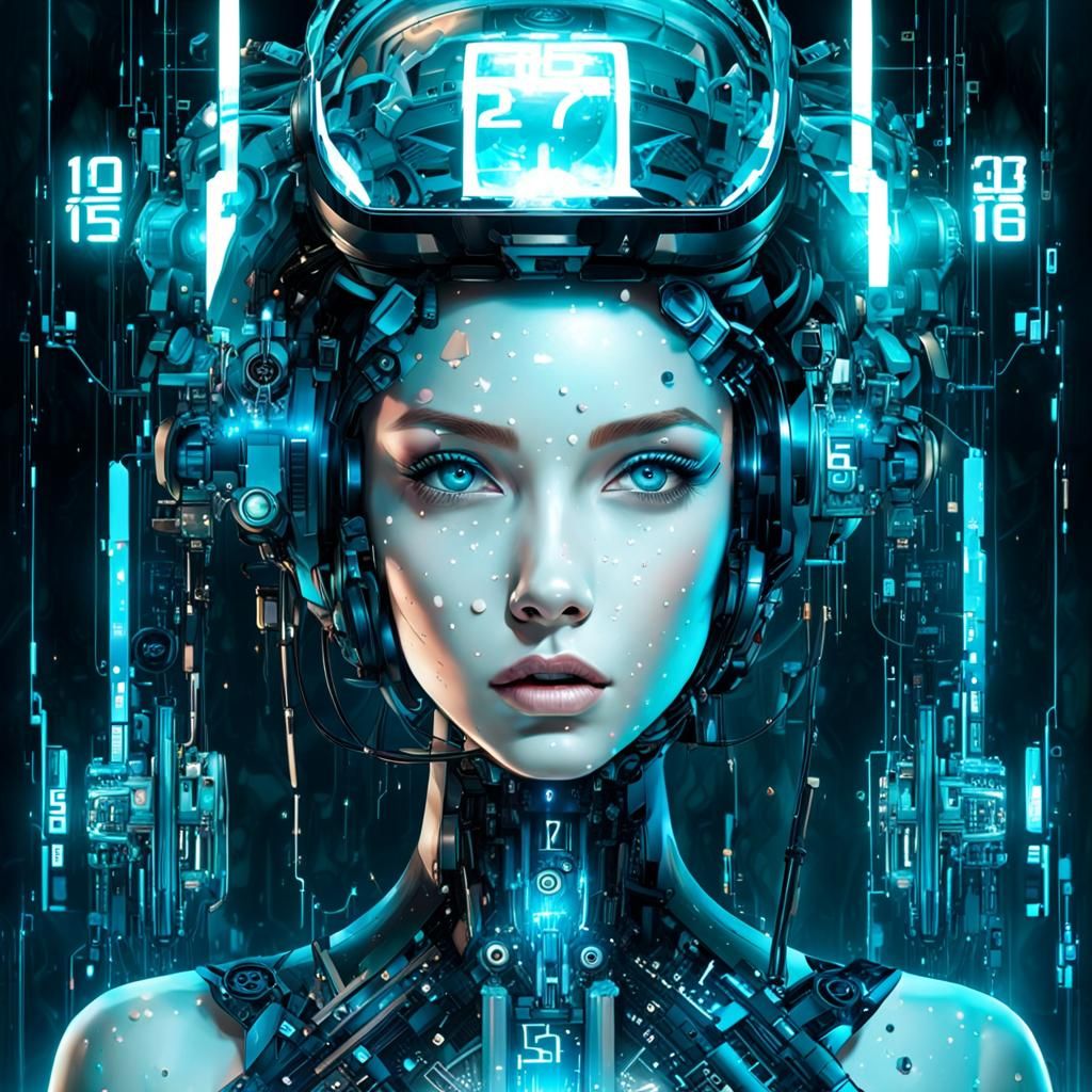 Complex illustrations in surrealist art style, translucent ethereal mechanical girl, futuristic girl, mecha-girl, polaro...