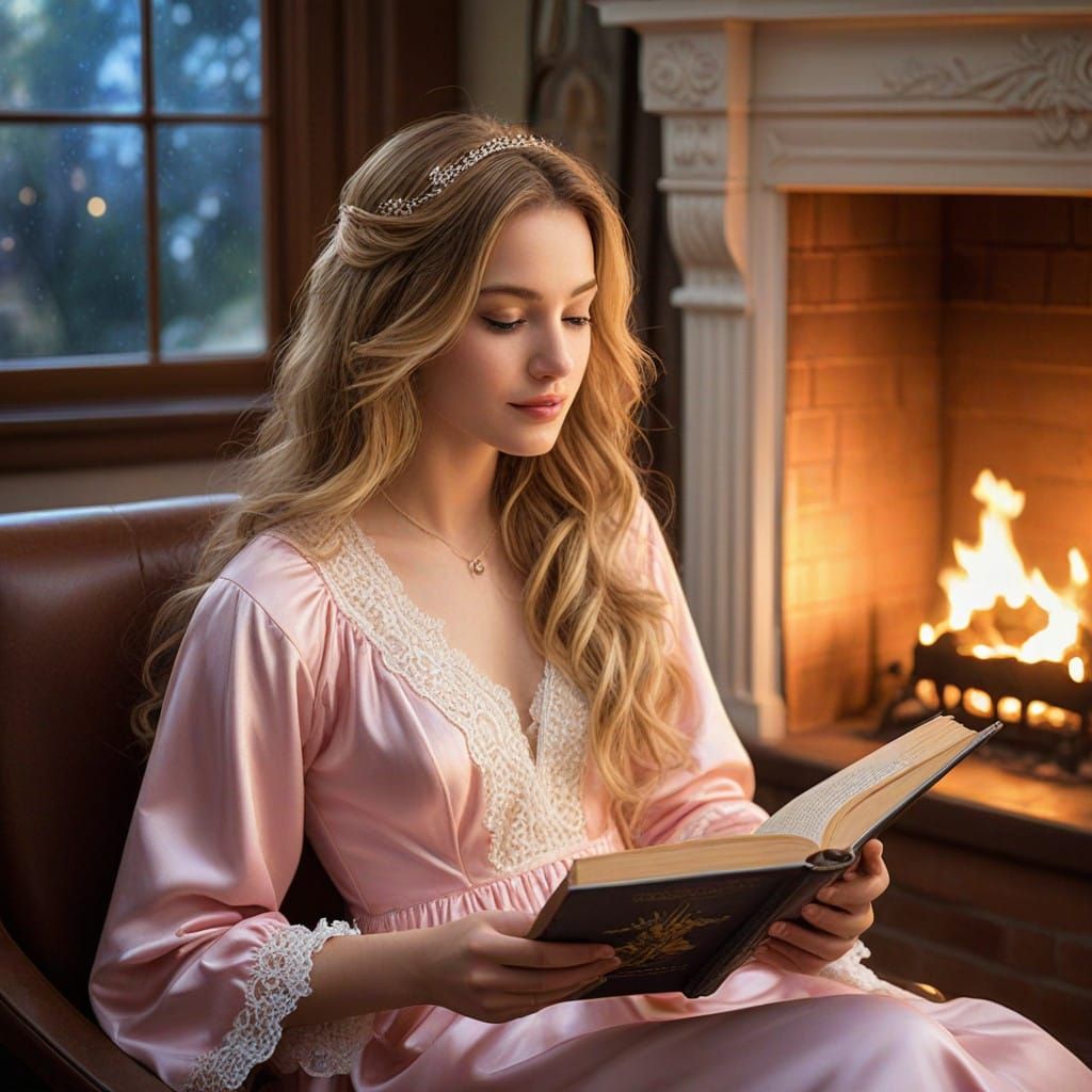 Whimsical Woman Reads by Fireside