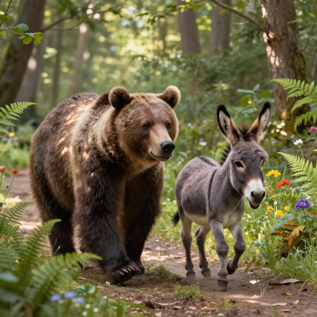Brown Bear and Donkey on Forest Trail in Painterly Style