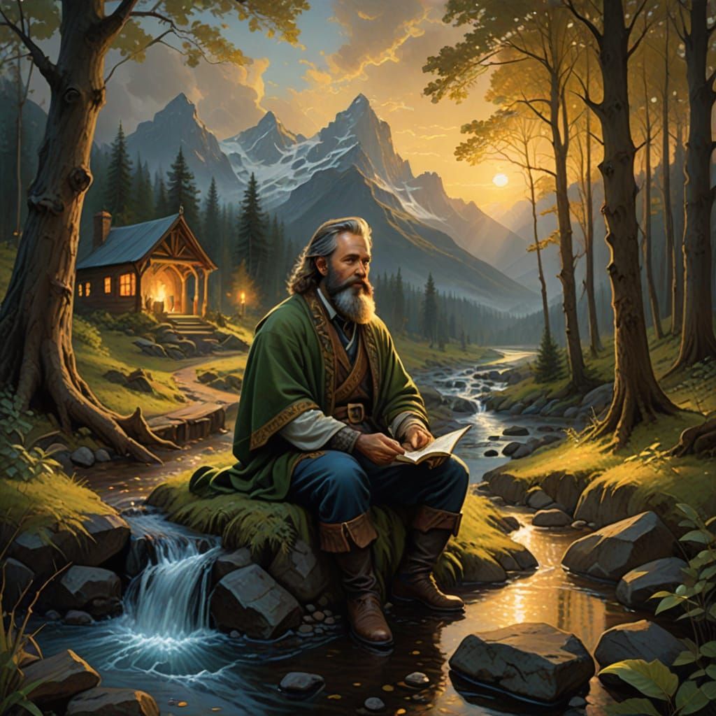 Man in Quilt in Forest by Menorah and Cross, Painterly Style