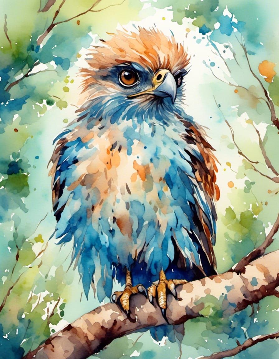 Chibi Hawk in Watercolor Forest