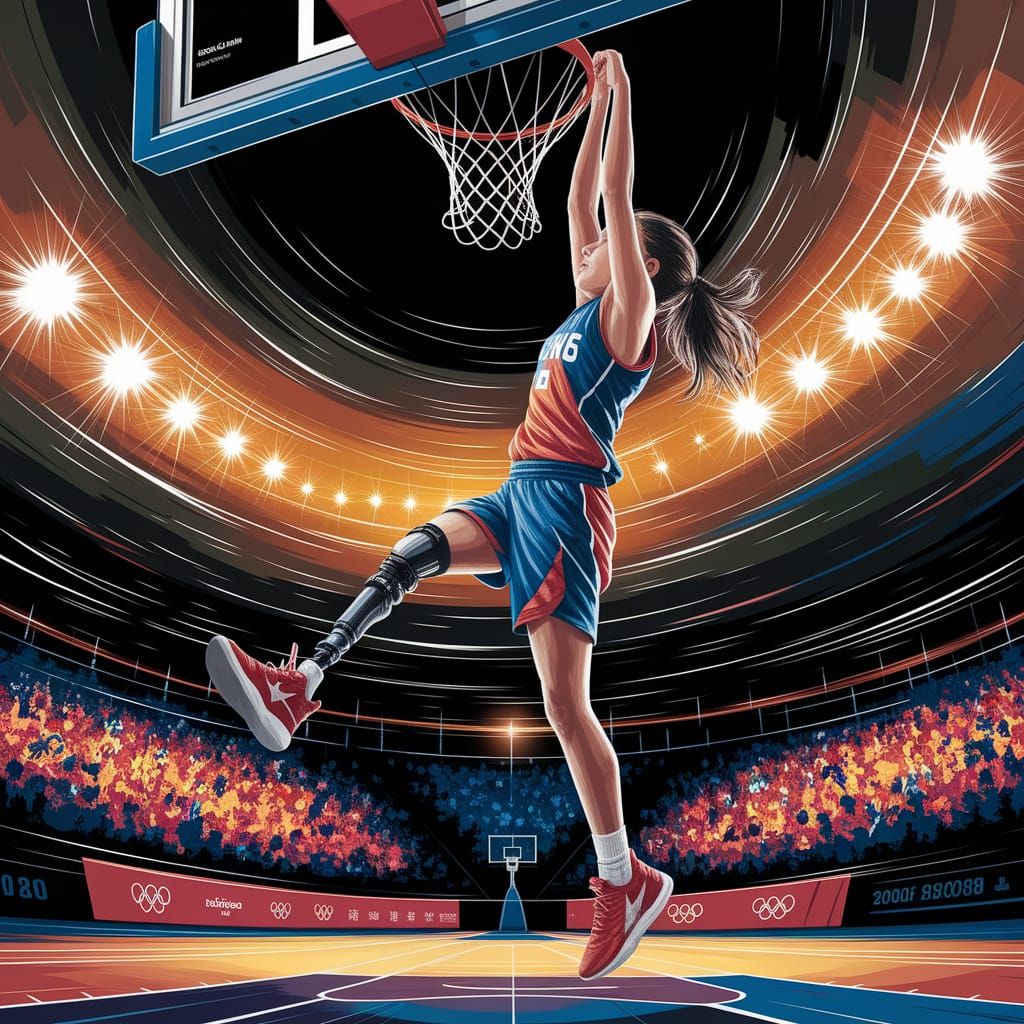 Female Amputee Basketball Player Dunks in Expressionist Pain...