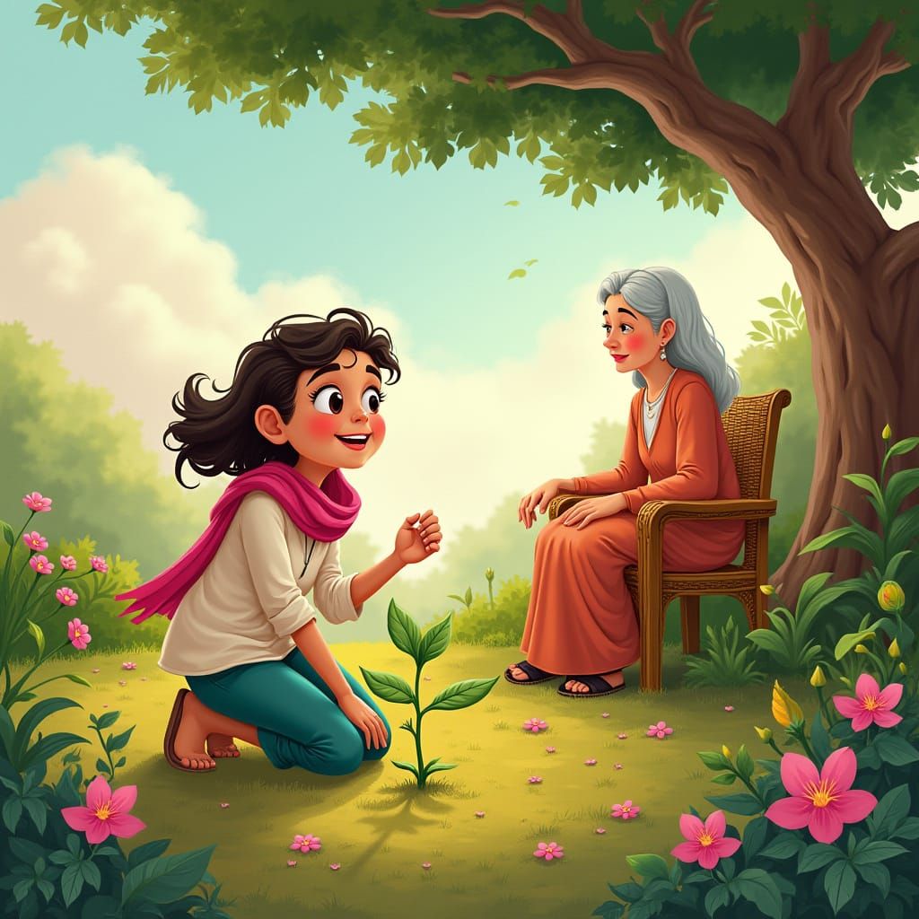 Girl and Grandmother in Garden, Islamic Art Style