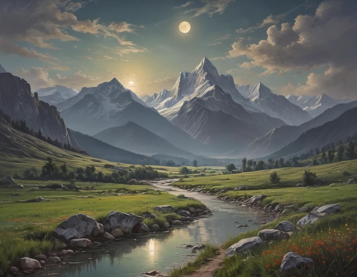 Valley Meadow Landscape Under Full Moon