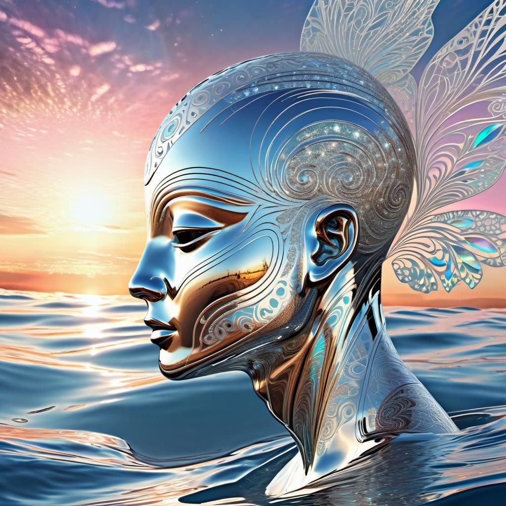 Ethereal Alien Head in Surreal Dawn Sky