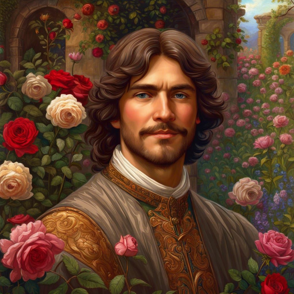 Medieval Father and Son in Rose Garden