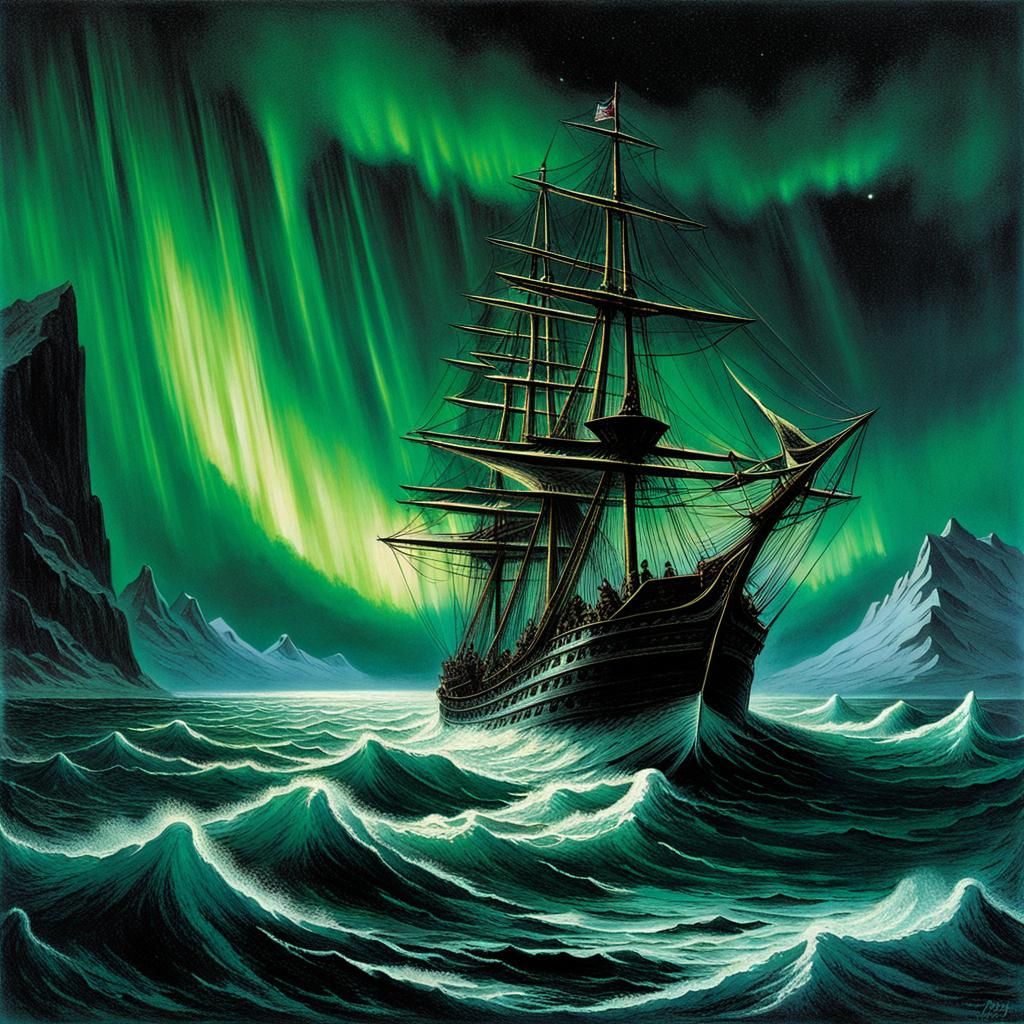 1812 Ship Fleet Sailing Under Northern Lights