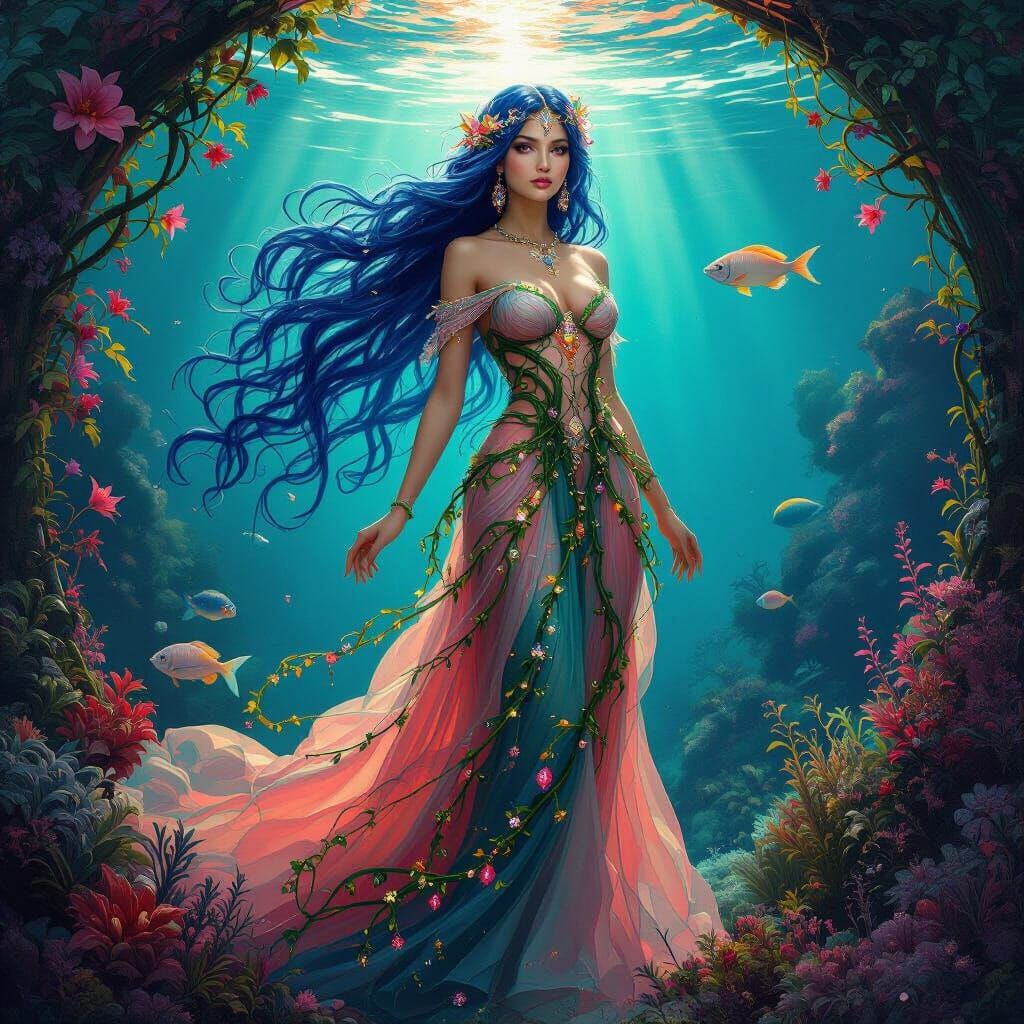 Underwater Goddess in Bioluminescent Seascape, Art Nouveau S...