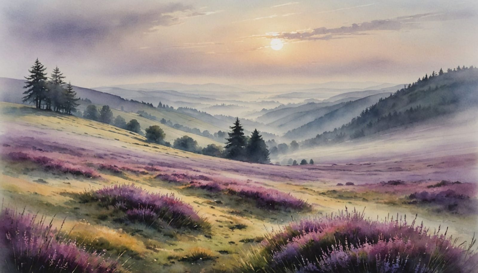 Heather Blooms on Misty Hillside: Watercolor Painting