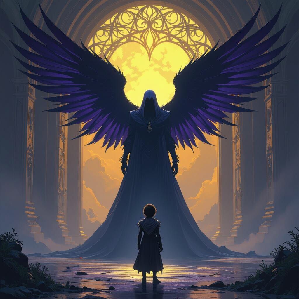 Mysterious Winged Figure in Dark Fantasy Scene