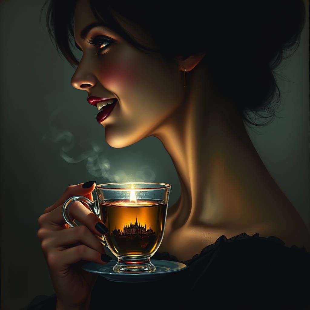 Gothic Portrait: Woman with Colorful Smile and Sorcery Cup