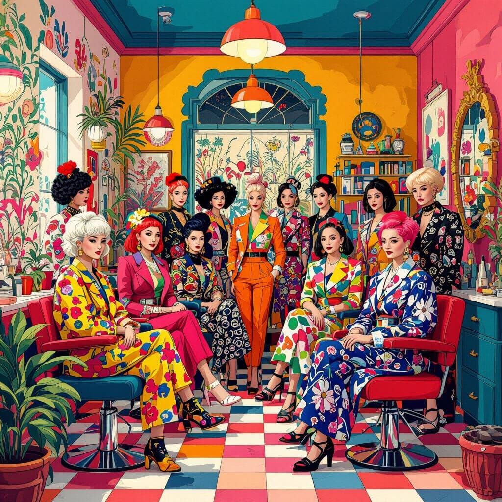 Stylists Gathered in Vibrant Salon, in Modern Art Style
