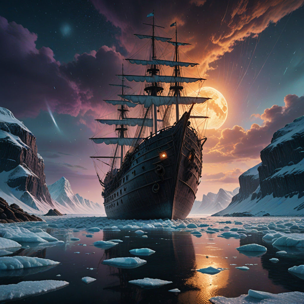 Surreal Ghost Shipwreck in Dramatic Low-Angle Shot