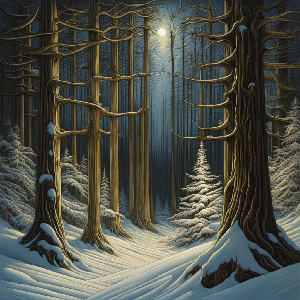 Snowy Pine Forest Light in Stained Glass Style