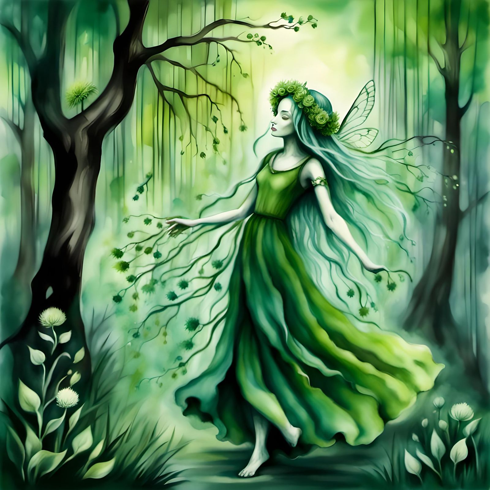 Enchanted Forest Fairy in Watercolor Charcoal Style