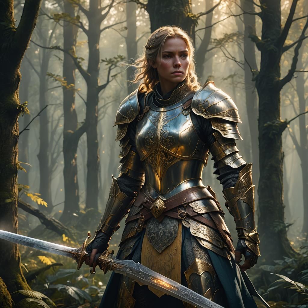 Strong Female Knight in Mystical Forest