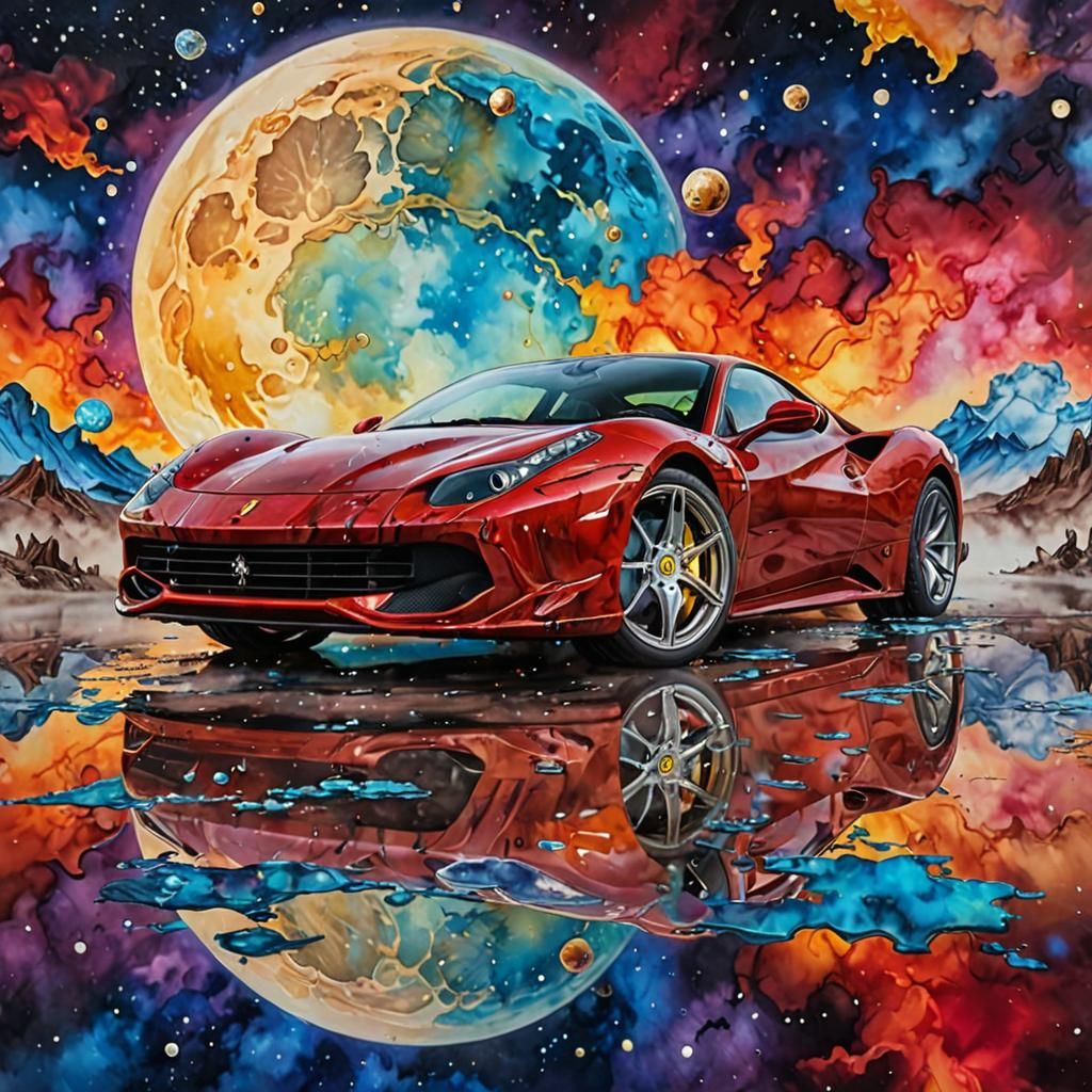 Surreal Steampunk Ferrari in Dreamy Cloudscape, Alcohol Ink