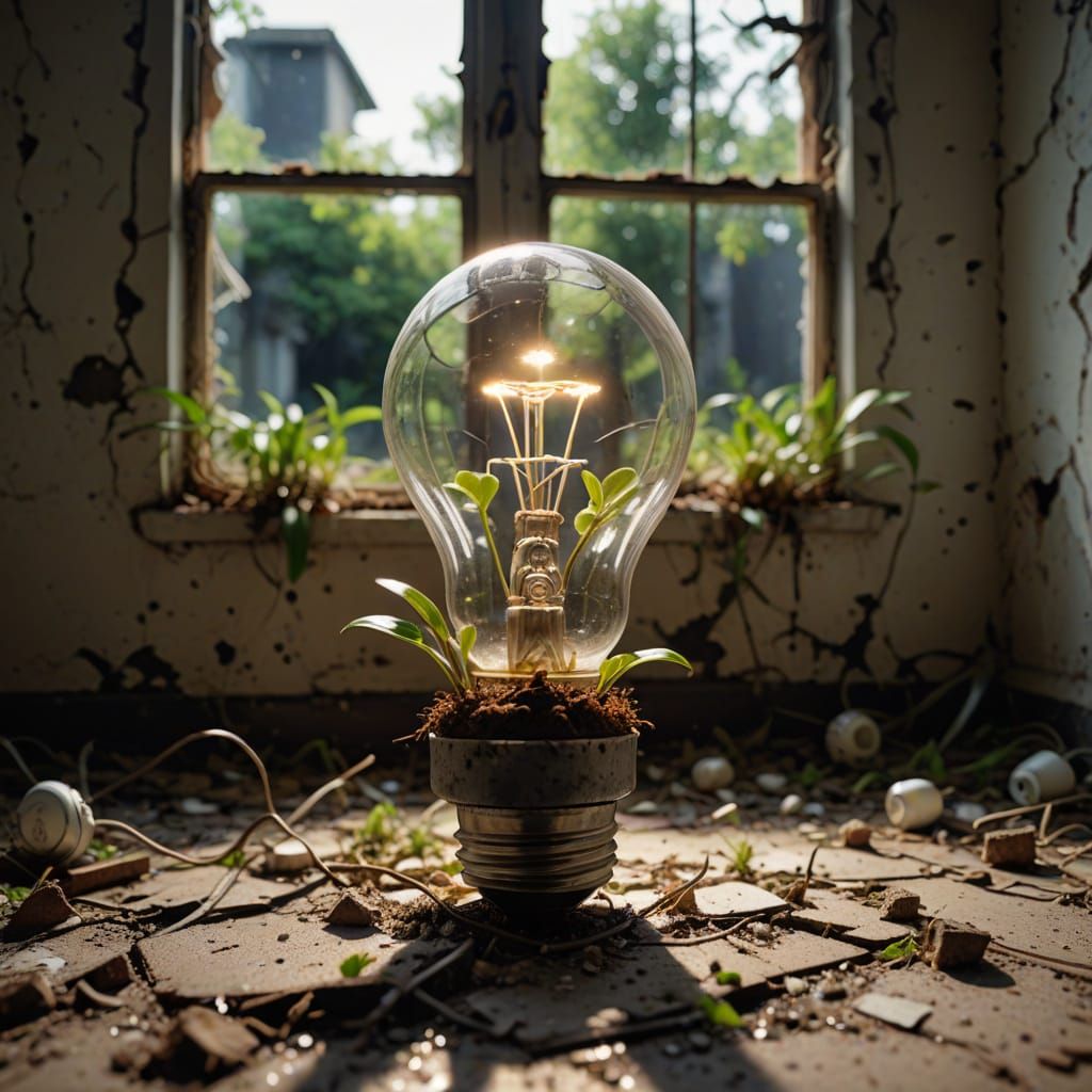 Plant Growing Inside Broken Lightbulb: Photorealistic Concep...