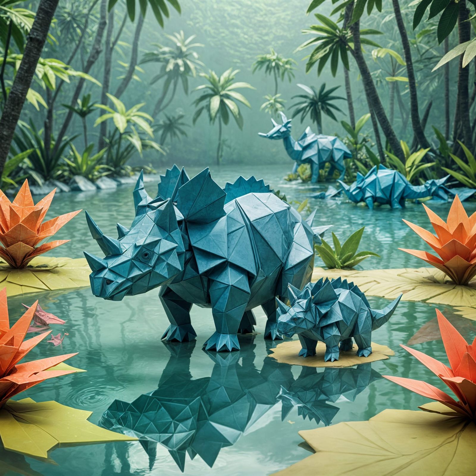 Mother Triceratops and Baby in Vibrant Jungle Oasis
