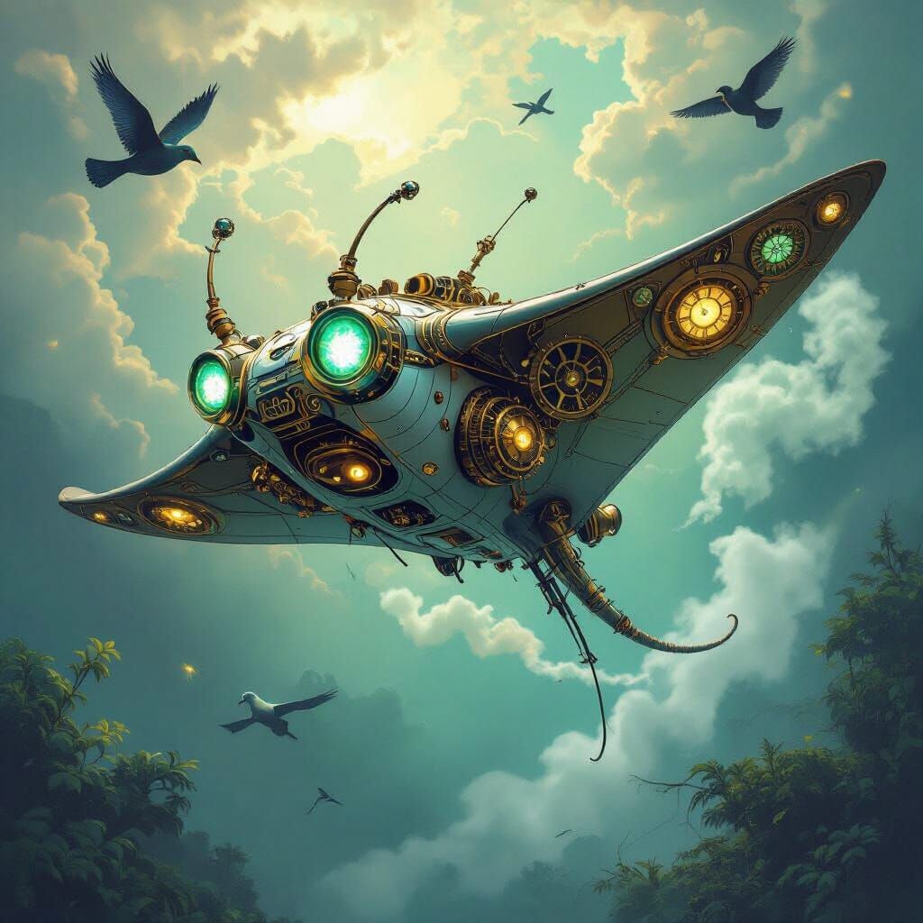 Steampunk Manta Ray Soaring Through Alien Skies