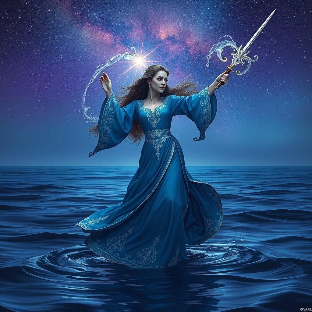 Ethereal Woman Dancing on Ocean with Rapier