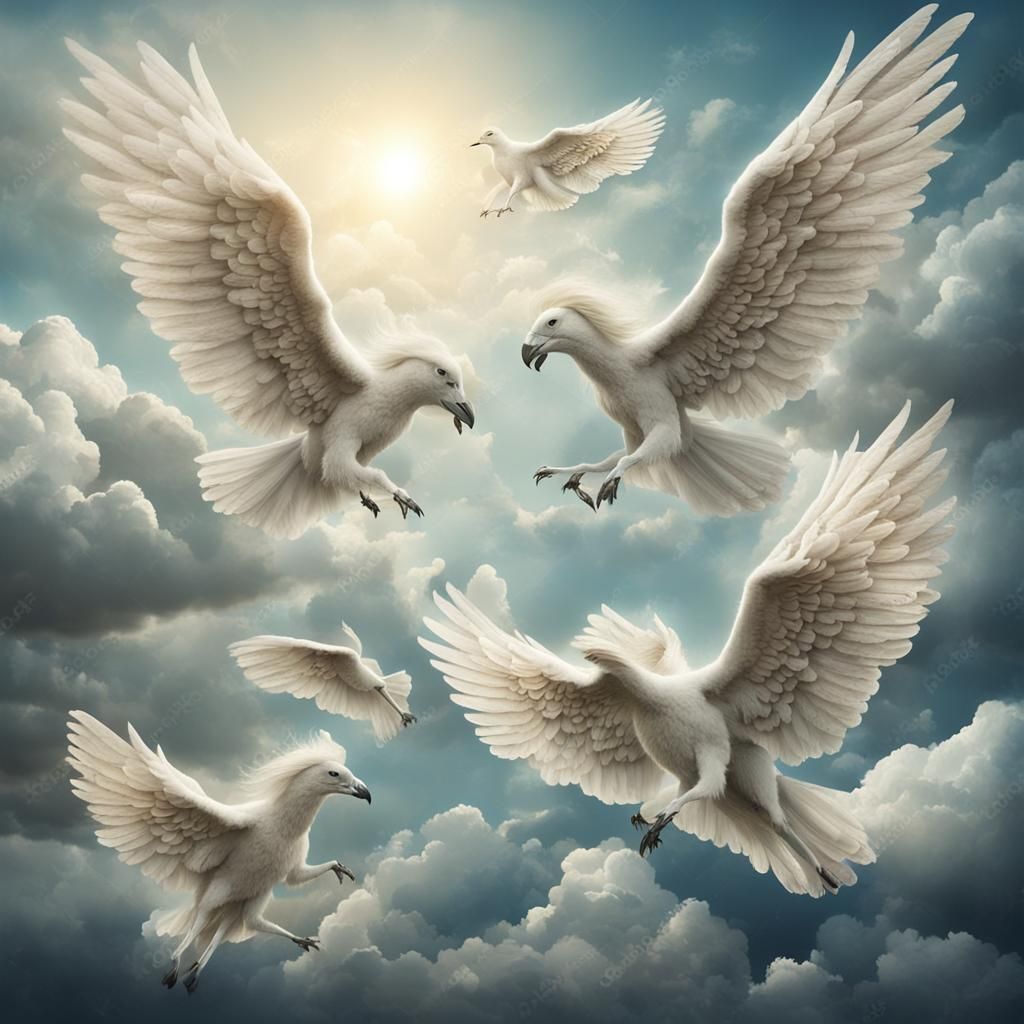 Surreal Angelic Figures Soaring in the Sky